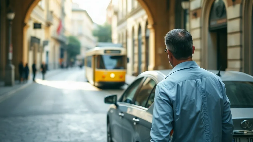Un uomo in camicia azzurra, di spalle, accanto a una berlina grigia sotto un portico; in fondo alla via passa un tram giallo