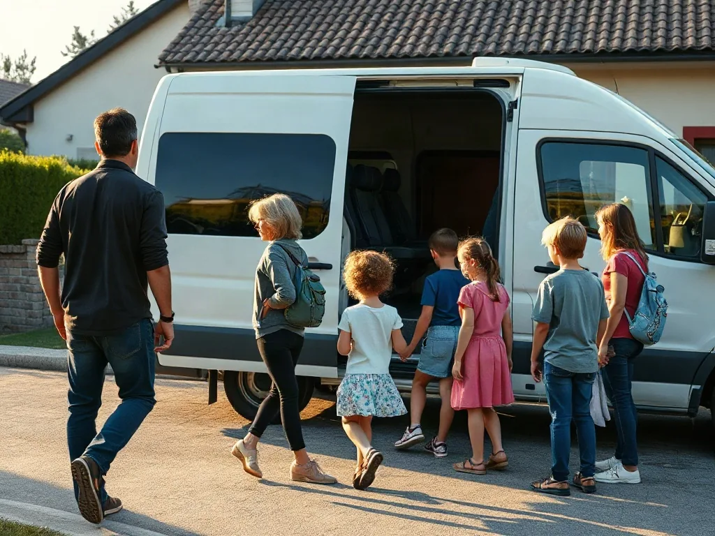 Una famiglia con cinque ragazzi, di spalle, sale su un pulmino bianco dalla porta scorrevole davanti a una casa